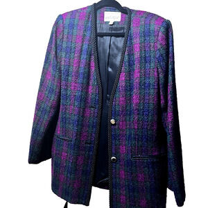 Lord & Taylor Womens SZ 12 Blazer Old Money  Classic Fuchsia Tweed Plaid